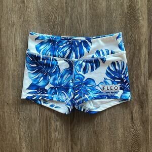 Fleo Blue Monstera Shorts Mid Rise Size Small Women's Workout Double LIned